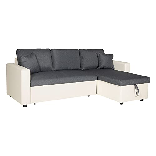 Happy Garden Canapé d'angle Convertible Clark 3 Places en Tissu et Simili Gris chiné et Blanc Canapé avec méridienne réversible et Coffre de Rangement.