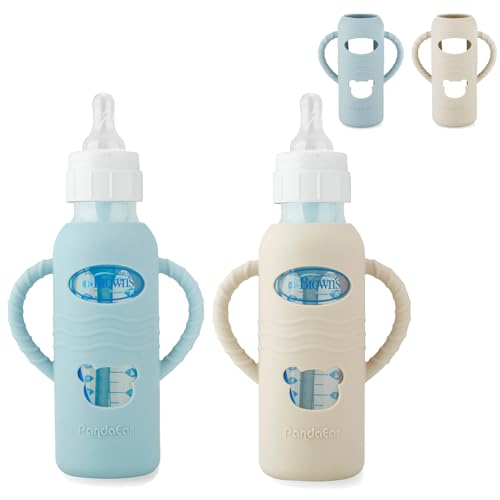 Image of PandaEar 2 Pack Silicone Sleeves for Dr. Brown's 8oz Glass Baby Bottles, Anti-Drop Protective Bottle Covers with Handles, Heat-Resistant & Easy to Grip