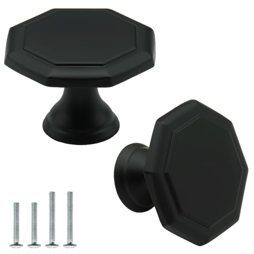 FURFITT 10 Pack Matte Black Cabinet Knobs Octagon 1-3/8 Inch(35mm) Zinc Alloy Dresser Knobs Drawer Pulls Kitchen Cupboard Handles Bathroom Furniture Hardware