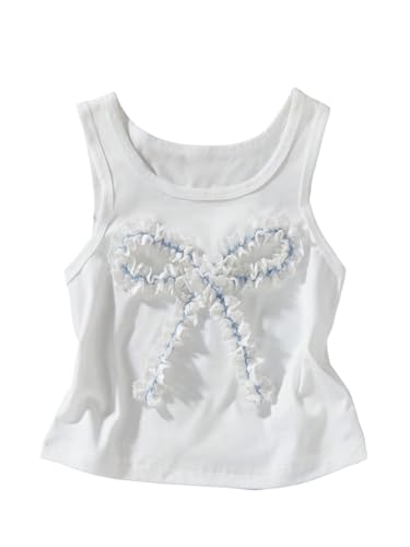 Girl's Lace Frill 3D Bowknot Tank Top Scoop Neck Sleeveless Fitted Crop Tops