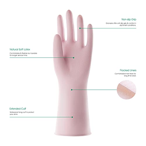COOLJOB Medium Household Rubber Gloves with Cotton Liner & Non-slip Grip, Waterproof Long Lasting Dishwashing Gloves for Kitchen & Bathroom Cleaning, Light Pink, 1 Pair