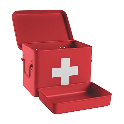 Harbour Housewares Vintage Metal First Aid Box - 23cm - Red - Compact Medical Storage Tin with Removable Tray & Handles - Steel Emergency Medicine Storage Plasters, Pills & Essentials