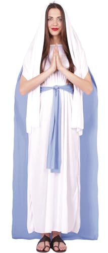 GUIRMA | Costume Vierge Marie Adulte (44-46/XL) - Tunique, Cape, Ceinture et Coiffe - Costumes Religieux et de Noël pour Noël, Nouvel An et Fêtes Costumées - Idéal pour Femmes - Blanc et Bleu