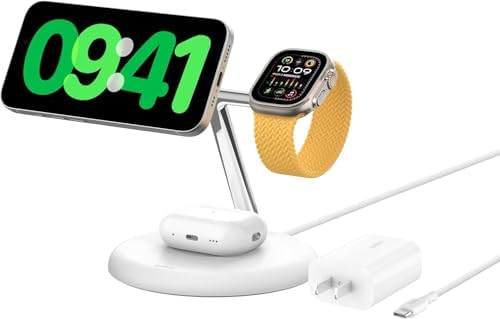 Belkin Qi2 3-in-1ワイヤレス充電スタンド Qi2公式認証/MagSafe対応 iPhone 16/15/14/13/12/Qi2対応スマートフォン(最大15W高速充電) AirPods/ワイヤレス充電対応イヤホン(5W充電) Apple Watch 9/8/7/Ultra/Ultra2 USB-Cケーブル付属(1.5m) AC電源アダプター付属 ホワイト WIZ023dqWH