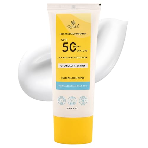 Qurez 100% Mineral Sunscreen SPF 50 PA+++ 50g | Lightweight, UVA UVB Broad Spectrum, Blue Light & IR Protection | for Oily, Dry, Sensitive, Acne-prone Skin | Water resistant | Kids Friendly