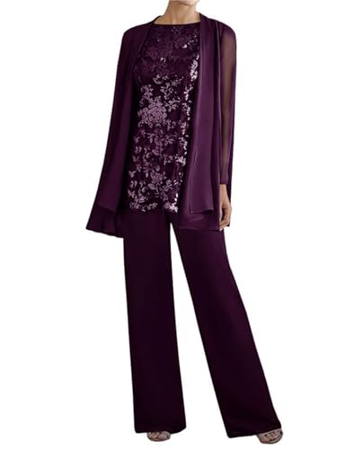 Image of 3 Pieces Mother of The Bride Dresses Pant Suits - Lace Chiffon Long Sleeve Grandmother Dresses with Jacket Plum