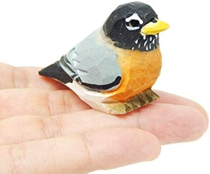 Robin Bird Figurine Statue Decoration Miniature Wood Gift Art Carved Small Animal