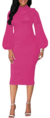 Image of Sexy Long Sleeve Dress for Women Solid Color Bow Knot Turtleneck Formal Gown Midi Casual Church Dresses