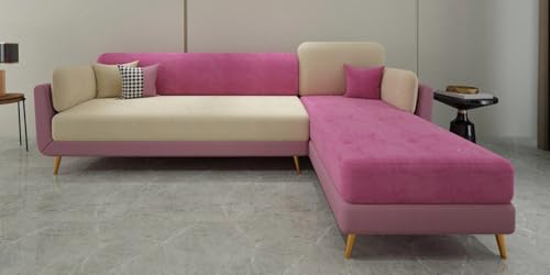Image of Polyester Velvet Contemperory Sofa Set with Cushion Chaise Lounge, Sectional Sofa Perfect for Your Living Room,Guests Room & Office. (Pink & Beige, 5 Seater)