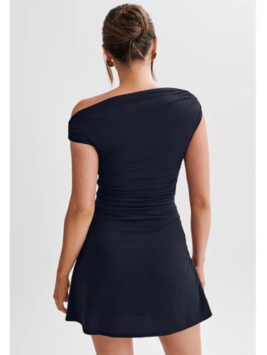 Image of LAGSHIAN Womens Off Shoulder Sleeveless Ruched Flare Mini Dress | Sexy,Summer,Slim Fit,Stretch,Trendy,Double Layer,A-line,Cocktail Party,Club,Night Out,Date,Asymmetrical Shoulder
