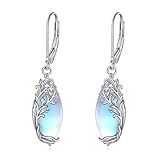 POPLYKE Piedra lunar árbol de la vida gota pendientes de plata de ley con gancho de oreja joyas regalos para mujeres