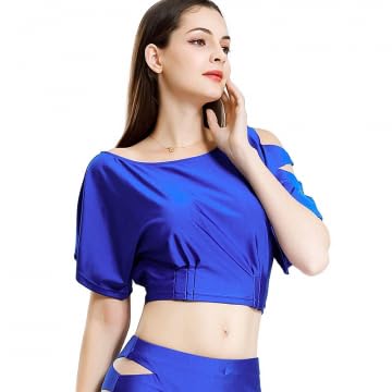 ONUYGCFH Ladies' Cutout Belly Dance Crop Top Loose Fit Boat Neck Classical Training Top Cabaret Folkloric Dancewear,Blue,L