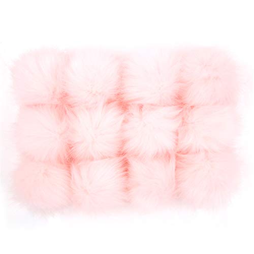 Image of Fluffy Faux Fur Pom Pom Ball for Knitting Accessories, Artificial Pompom with Elastic Cord, Hats Scarves Gloves Bags Charm Accessories, 3.9 Inch Pack of 12 (Pink)