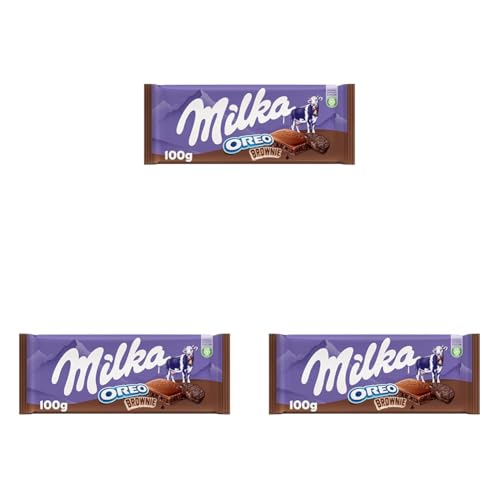 Milka Oreo Brownie Tableta de Chocolate con Leche de los Alpes con Trozos de Galleta Oreo con Textura de Bizcocho de Chocolate Brownie 100g (Paquete de 3)