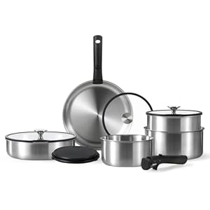 CAROTE 12pcs Pots and Pans Set, Stainless Steel Kitchen Cookware Set Detachable Handle, Induction Cookware Sets with Removable Handle, RV Cookware Set, Oven Safe, Stainless Steel, Black