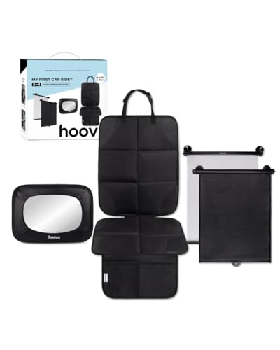 Hoovy My First Car Ride 3-in-1 Baby Car Essentials Bundle Roller Sun Shades Rear-Facing Mirror and Seat Protector