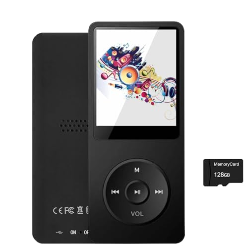128GB MP3 Player with Bluetooth 5.2, Portable Black Music Player for Kids with Built-in HD Speaker, FM Radio, Voice Recorder, Earphones Included