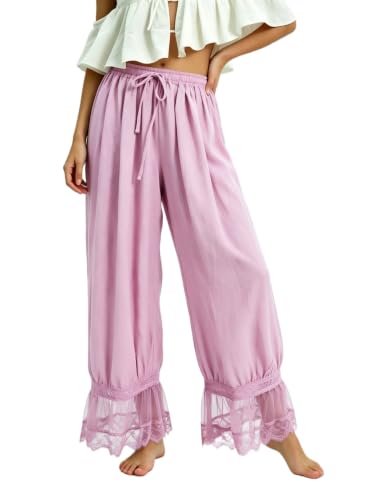 Image of UAURORAO Women Lace Trim Bloomer Pants Flowy Culottes Pantaloons Bloomers