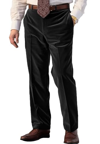 Men's Velvet Suit Pants Expandable Waist Business Straight Leg Pleat-Front Dress Pants