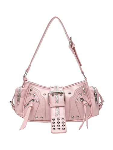 MakeMeChic Women's Studded Shoulder Bag Buckle Y2K Punk PU Leather Handbags