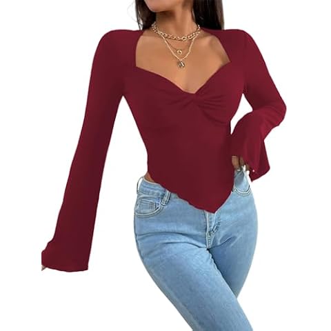 Avanova Women Twist Front Long Sleeve Crop Top Square Neck Asymmetrical Going Out Shirts Burgundy A Large Cover