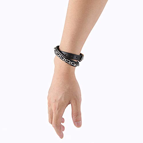 Ailianer Long Genuine Leather Cuff Bracelet Double Layer Punk Metal Braided Bracelets Wristbands Adjustable Belt Wrap Bracelet Handmade Jewelry For Men Women Black #TOP2