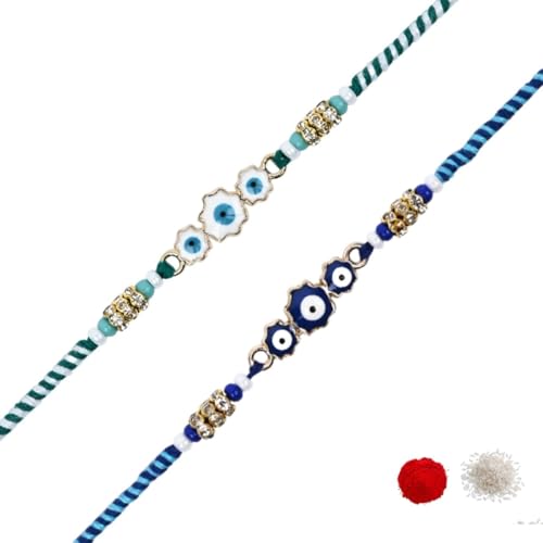 Image of I Jewels Enamel Evil Eye Rakhi With Roli Chawal & Rakshabandhan Card for Bro /Brother /Bhai