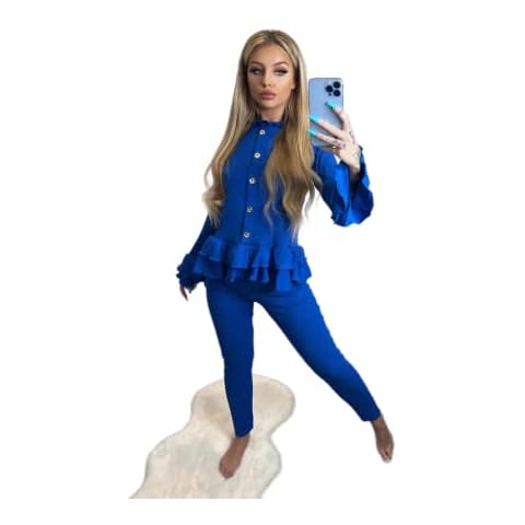 Ladies Womens Fine Ribbed Frill Peplum Gold Button Loungewear Suit Tracksuit Set (8, Blue) Cover
