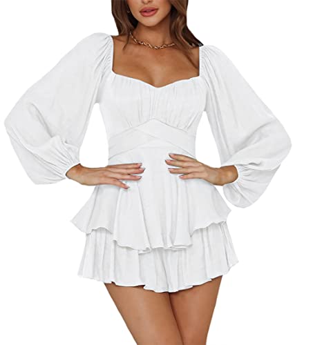 LYANER Womens Jumpsuit Lantern Long Sleeve Ruffle Layer Tie Mini Short Romper Solid White Small