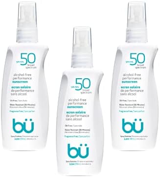 Sunscreen Spray SPF 50 by Bu Value Pack- Travel Size Organic Sun Block for Sensitive Skin - Oil-Free, Alcohol-Free, Non Comedogenic, Water-Resistant (Fragrance-Free, 3.3 Ounce - 3 Pack)