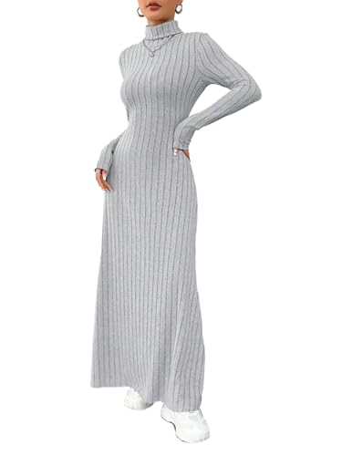 Xadsfeel Turtleneck Sweater Dress for Women Long Sleeve Ribbed Maxi Dresses Fall Knit A-Line Long Dress,Grey,Small : Clothing, Shoes & Jewelry