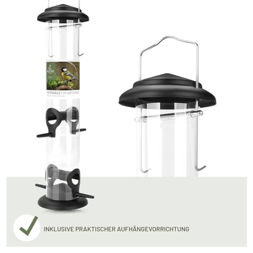wildtier liebe Körner Futtersäule, Vogelfutterspender 38cm, Schwarz - aus rostfreiem Metall I Vogel-Futterstation, Vogelfutter-Säule, Wildvögel Futtersilo I Ganzjährige Vogelfütterung