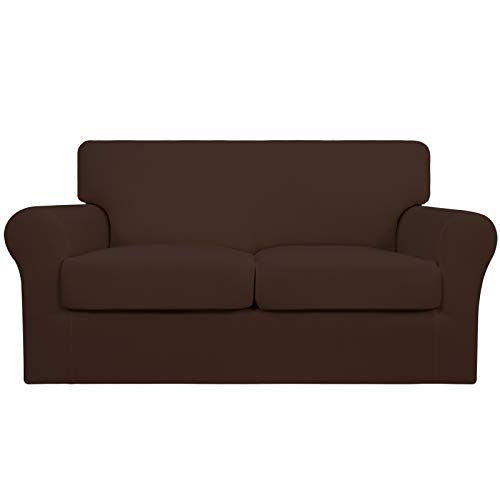 Image of Easy-Going 3 Pieces Stretch Soft Couch Cover for Dogs - Washable Sofa Slipcover for 2 Separate Cushion Couch - Elastic Furniture Protector for Pets, Kids (Loveseat, Coffee, Medium) | Sofa Slipcover for Stretch 2 Separate Sectional Cushion Couch - Elastic Furniture Protector for Pets, Kids Coffee