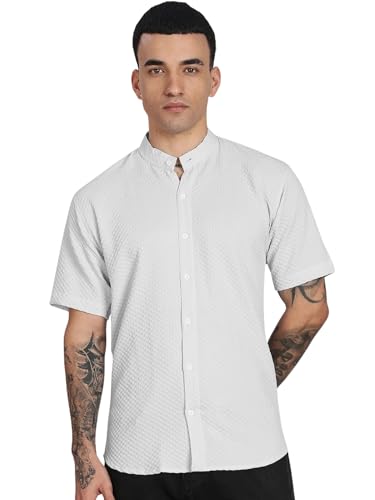 Image of Men's Regular Fit Solid Casual Shirt - Short Sleeve, Mandarin Collar, Lightweight Polyester, Stylish Everyday Wear