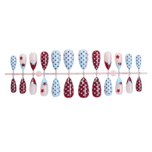 Image of Polka dot Press on Nails Red Blue Fake Nails with Point Design Medium Almond False Nail French Tip Glue on Nails Glossy Full Cover Artificial Acrylic Star Stick on Nail for Women Manicure 24Pcs