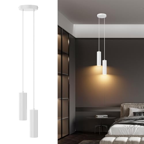 Klighten Lampada a Sospensione Cilindro GU10 Moderne 2 Luci, Lampadario a Sospensione in Alluminio per Soggiorno Camera da Letto Cucina Tavolo da Pranzo, Bianco, Lampadina non Inclusa