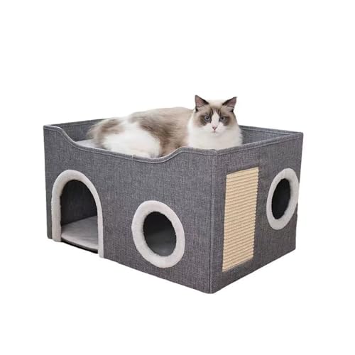 Cat House Cave Hideout with Hanging Ball and Scratch Pad, Collapsible (Grey, 21.6 x 15.7 x 15.7 inches)