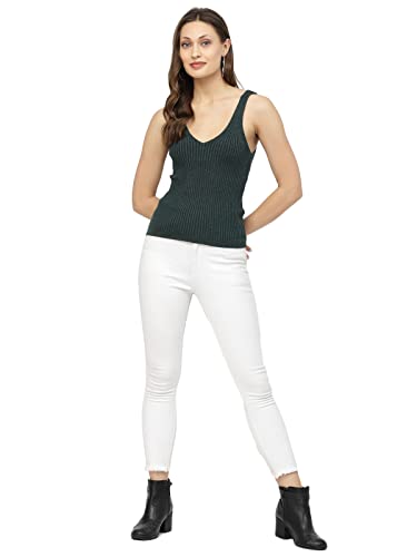 Image of Kalt Women Knitted, Ribbed Cotton Fitted Sleeveless V-Neck Cami Tank Top for Women Stylish