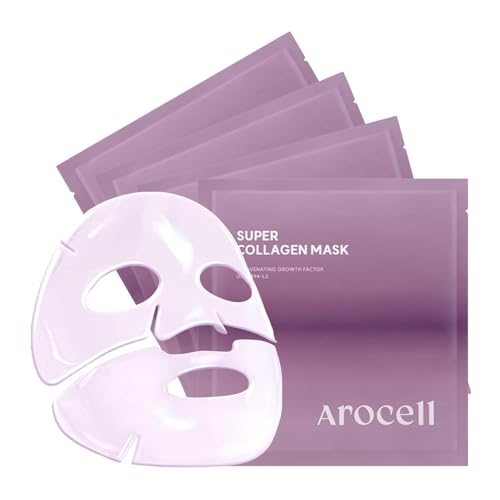 AROCELL OFFICIAL Enfriami   Máscara facial de súper colágeno, paquete de 4, máscaras faciales de hidrogel de doble matriz con colágeno de bajo peso molecular para elasticidad hidratante