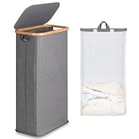 efluky Slim Laundry Basket with Lid, Tall Narrow Washing Basket for Laundry, Folding Small Slimline Laundry Baskets for Dirty Clothes, 63L Cloth Storage Basket Grey