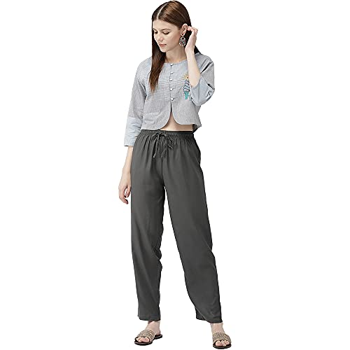 Image of GO COLORS Women Solid Mid Rise Relaxed Fit Viscose Casual Pants