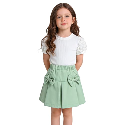 Image of 2-7Y Toddler Girl Skirt Set Kid 2Pcs Outfits Puff Short Sleeve Top Pleated Skirt with Bowknot Spring Summer Clothes