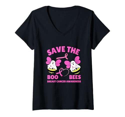 Womens Save The Boobees Boo Bees Breast Cancer Halloween Women V-Neck T-Shirt