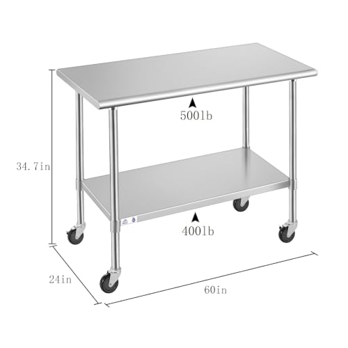 Image of ROCKPOINT Stainless Steel Table for Prep & Work with Caster Wheels 24x60 Inches, NSF Metal Commercial Kitchen Heavy Duty Table with Adjustable Under Shelf and Table Foot for Restaurant, Home and Hotel