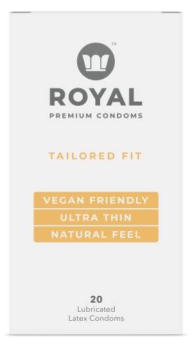 Royal Tailored Fit Ultra Thin Vegan Condoms - Premium Lubricated Condom Pack - Unflavored Lubricant, Organic Latex Rubber - Odorless, Slim, Natural Feel - Safe & Durable Male Contraceptives - 20 Count #TOP17