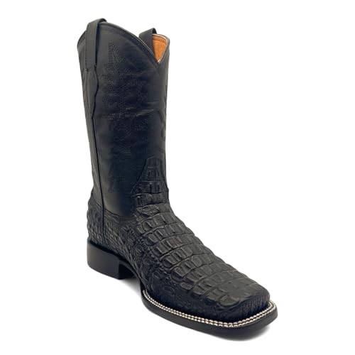 Men’s Leather Square Toe Western Boot With Embossed Crocodile Print