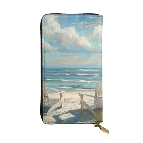 Women's Leather Wallet - beach scene with chairs Prints Coin Purse Travel Card Holder Zipper Purse Cell Phone Handbag