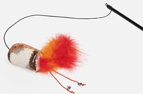 Silver Paw Toasted Marshmallow Cat Toy Teaser Plush w/Bungee Cord Feathers & Bells