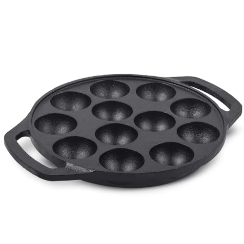 Image of Pencil Pre-Seasoned Cast Iron Appam Patra 12 Pit | Paniyaram Pan | Paniyarakkal /Appe /Litti /Paddu /Ponganalu | Compatible - Gas Stoves & Induction | Nonstick | Toxin-Free | No Chemical Coating | Black