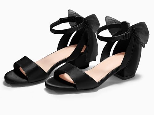 Image of Coutgo Girls Dress Shoes Sandals Chunky Low Heels Bow Ankle Strap Flower Girl Wedding Party Shoes